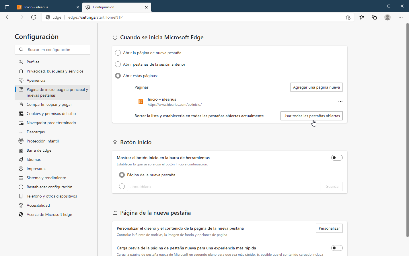 Configuración del botón Inicio y página inicial