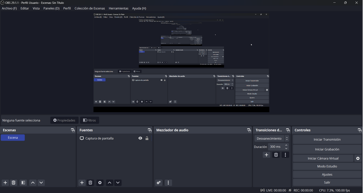 Interfaz de OBS con escenas y fuentes
