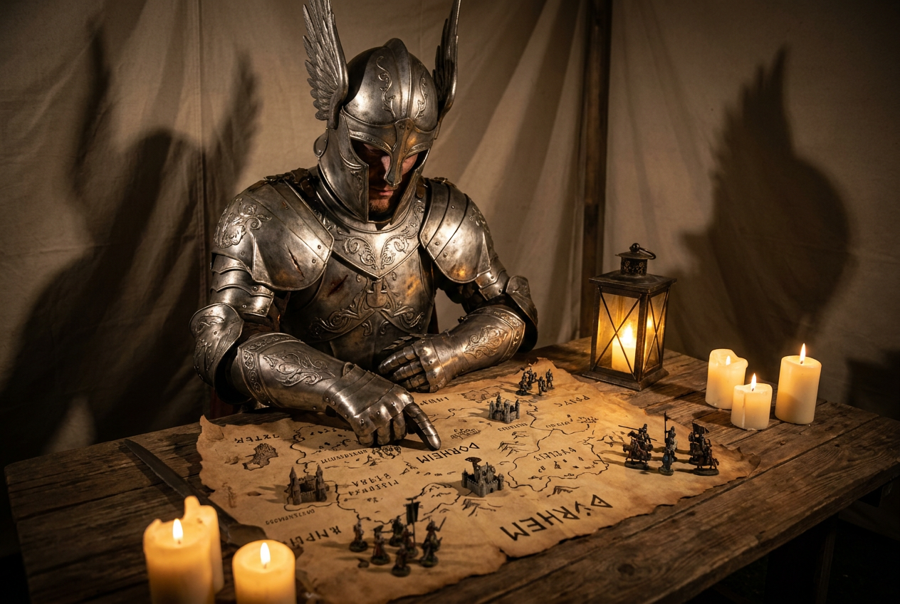 Primer plano cinematográfico de un héroe paladín en armadura plateada planeando la estrategia de guerra sobre un mapa de pergamino en una tienda medieval.