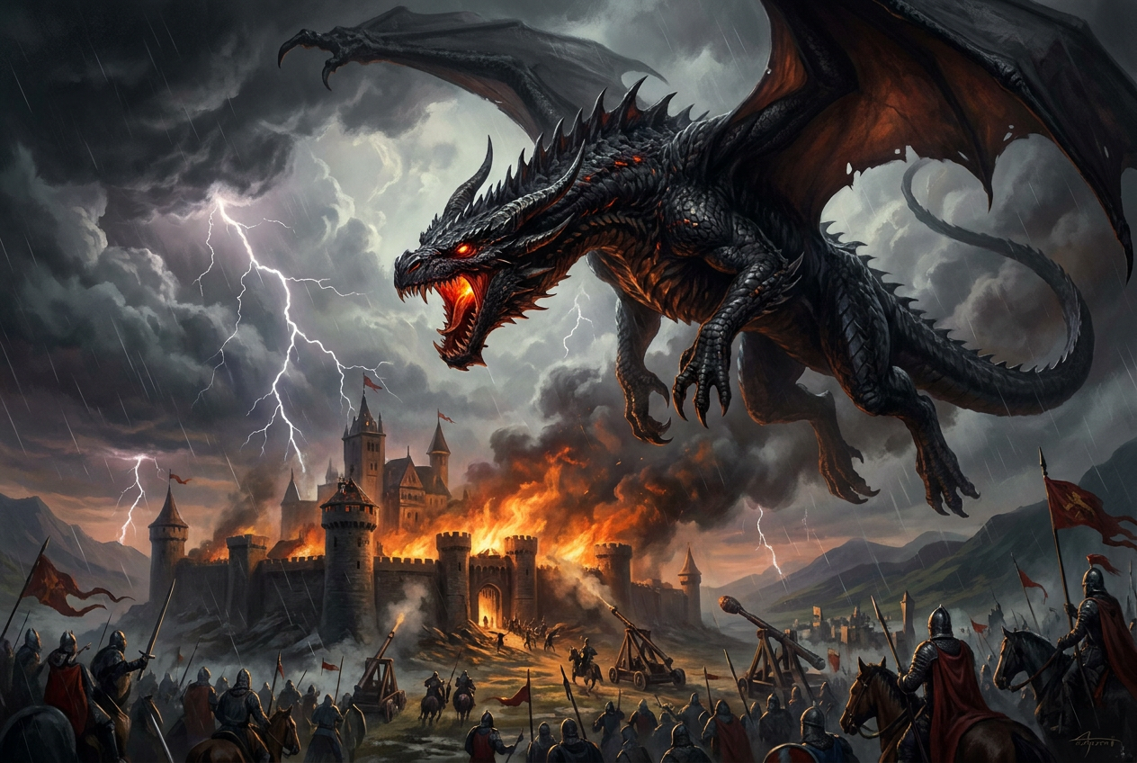 Impresionante dragón negro colosal atacando una fortaleza medieval bajo un cielo tormentoso con rayos y fuego.