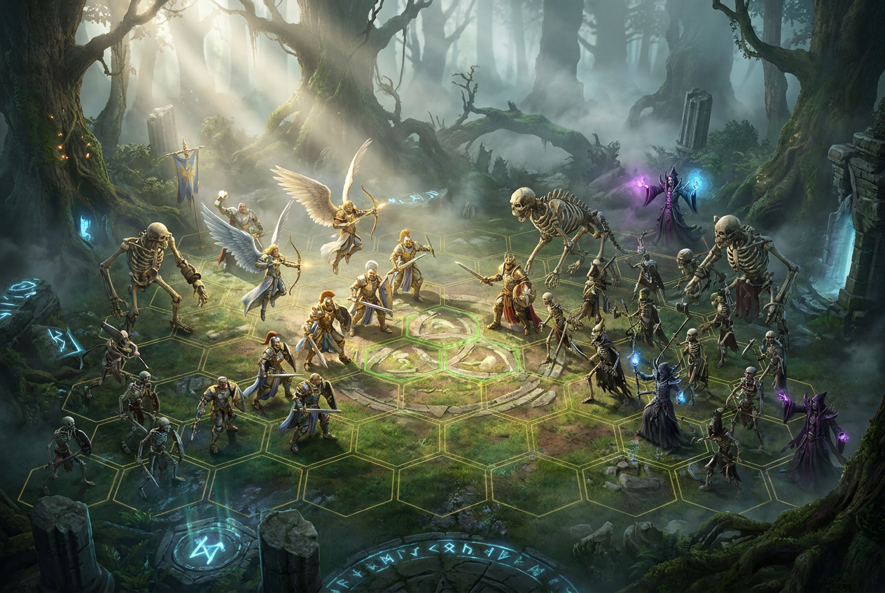 Escena de batalla táctica sobre una cuadrícula hexagonal en un bosque místico, con ángeles y guerreros celestiales enfrentándose a un ejército de no muertos.