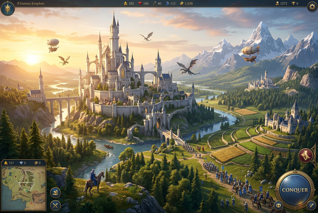 Vista panorámica en 3D de un reino de alta fantasía con un majestuoso castillo de piedra blanca, bosques exuberantes y montañas, evocando la calidad de un remake moderno en 4K.