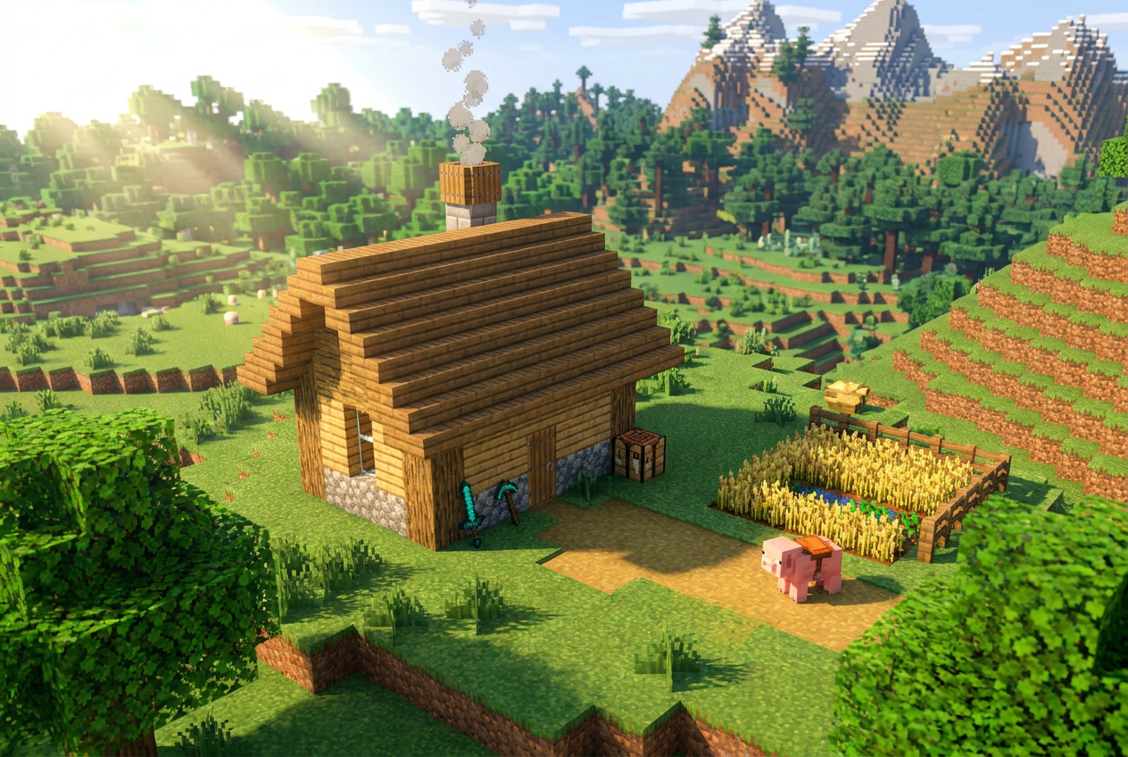 Paisaje estilo Minecraft con una casa de madera, mesa de crafteo y herramientas de diamante.
