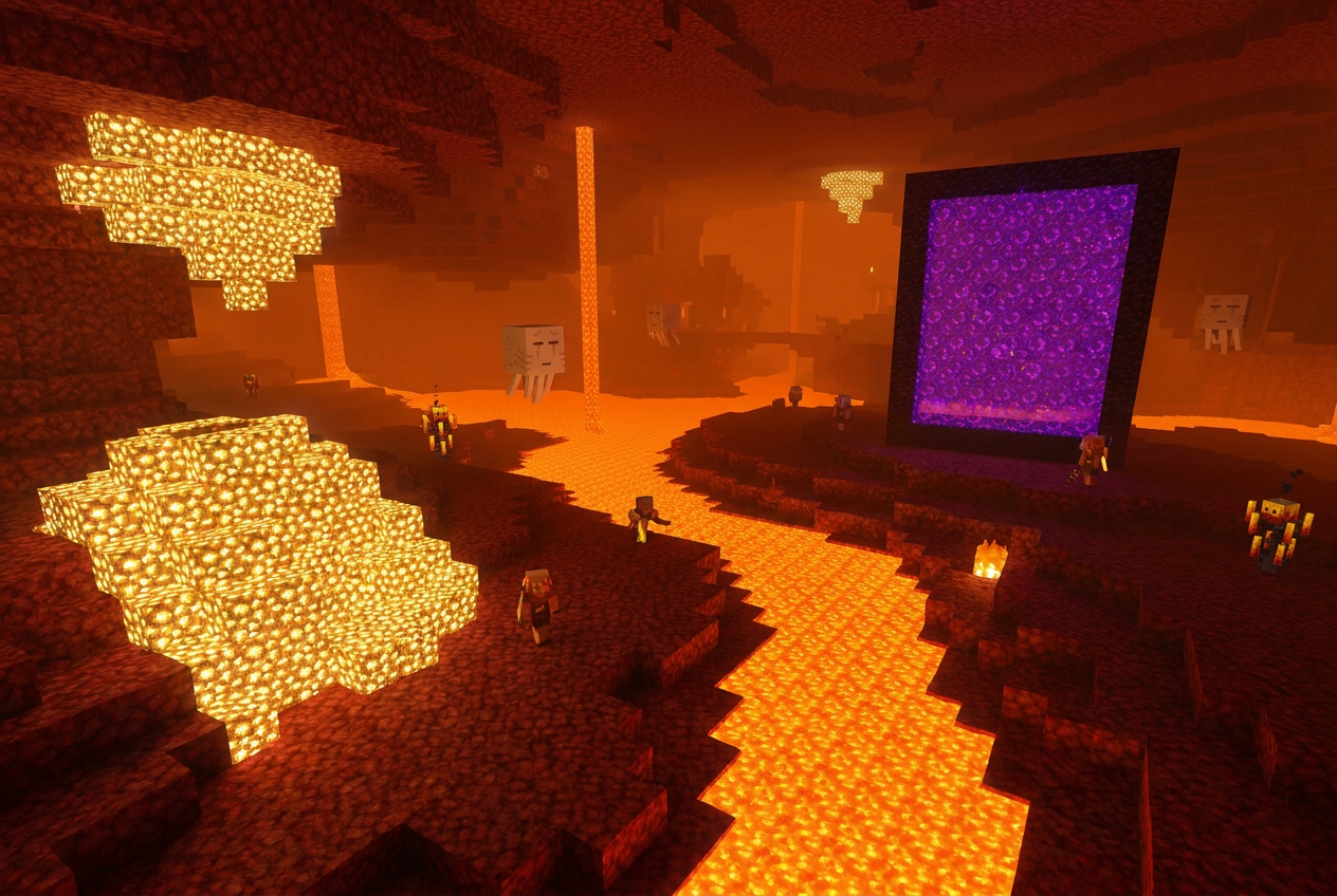 Vista cinematográfica de la dimensión del Nether en Minecraft con lava y portal de obsidiana.