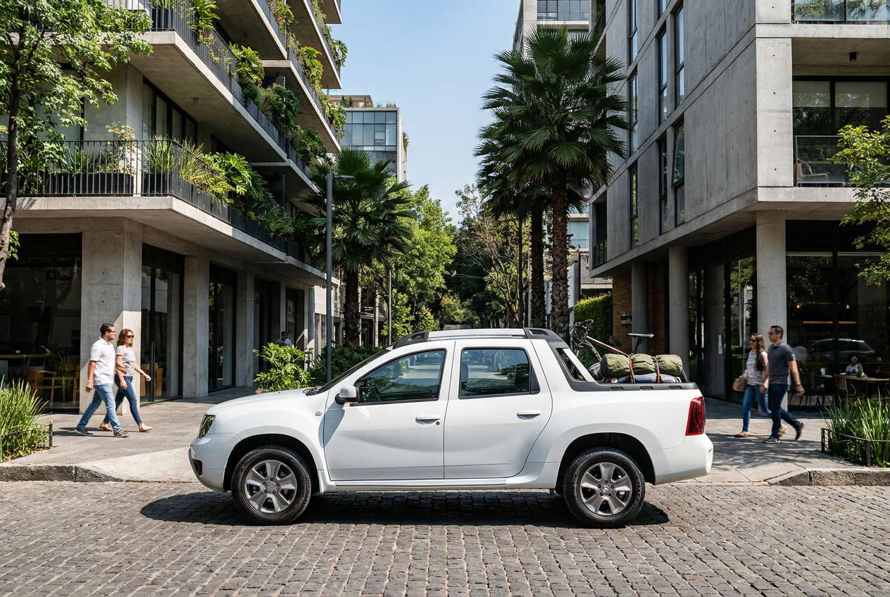 Camioneta compacta moderna con diseño tipo SUV en una zona urbana de la Ciudad de México, equilibrando confort y utilidad.