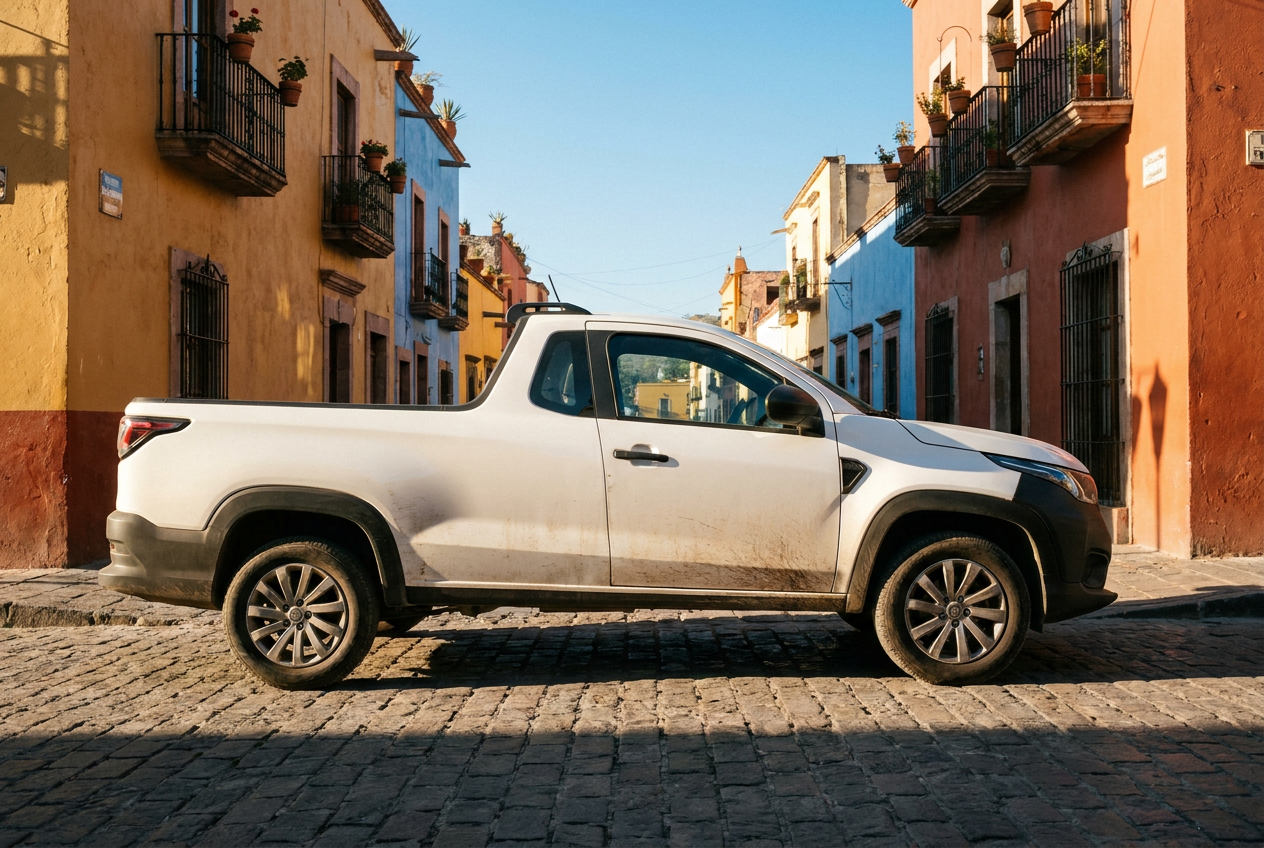 Camioneta blanca utilitaria compacta en una calle empedrada de un pueblo típico mexicano, resaltando su robustez.