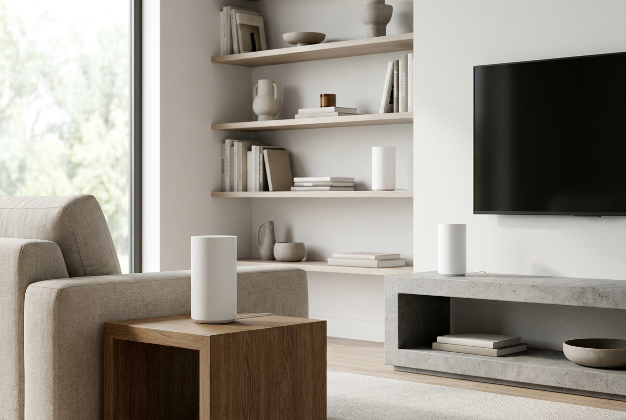 Professional photograph of a modern WiFi Mesh system with multiple nodes strategically placed in a living room for total coverage.
