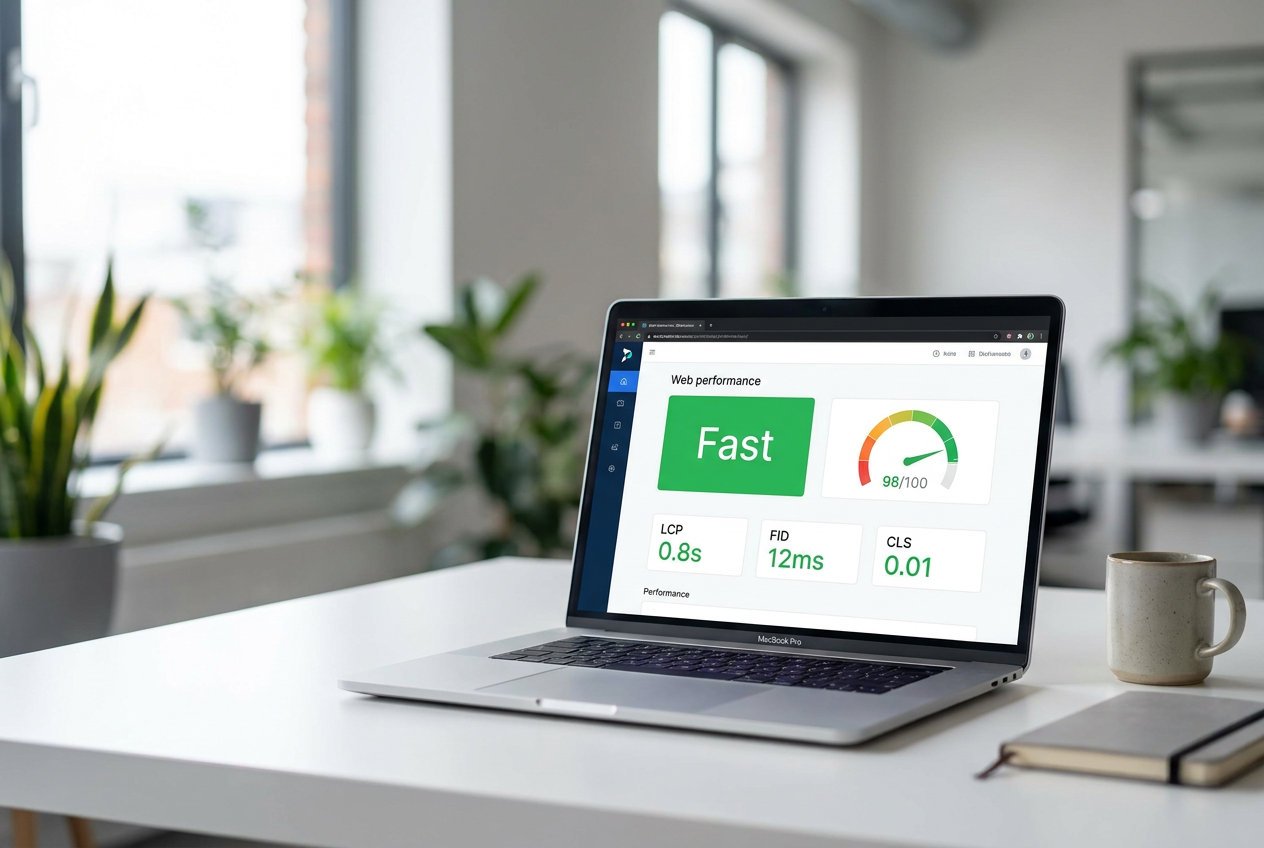 Laptop mostrando un dashboard de rendimiento web con indicador de velocidad 'Fast' y métricas de Core Web Vitals.