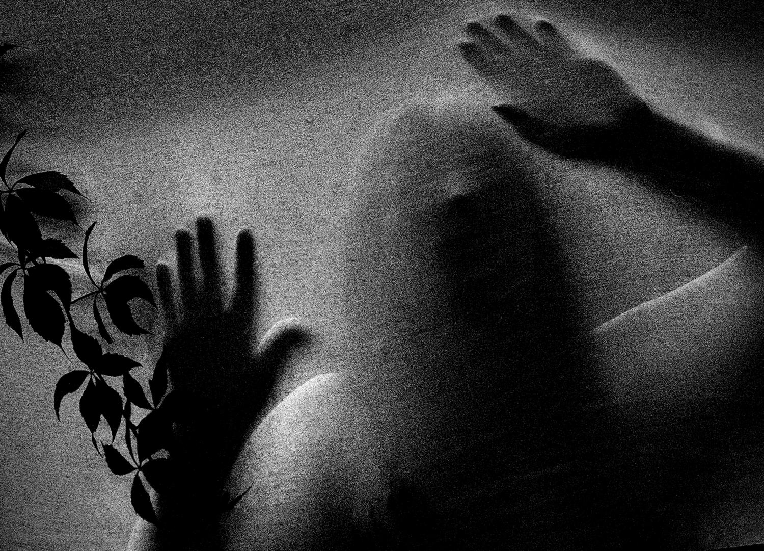 Silueta borrosa de una persona detrás de un cristal esmerilado, simbolizando el anonimato de los autores originales de los relatos de terror digital.