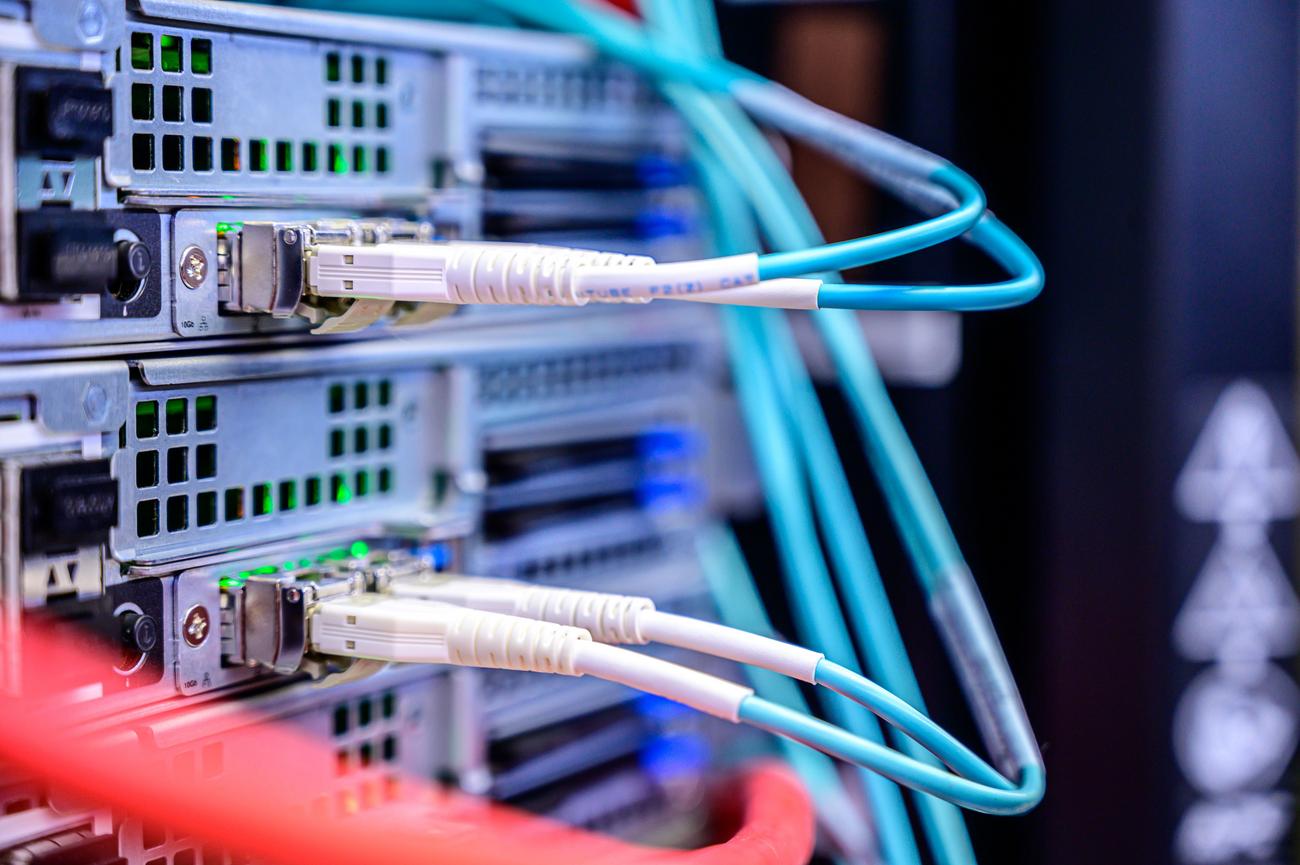 Cables Ethernet conectados a puertos de un servidor, ejemplificando el potente manejo de redes y la pila TCP/IP de BSD.
