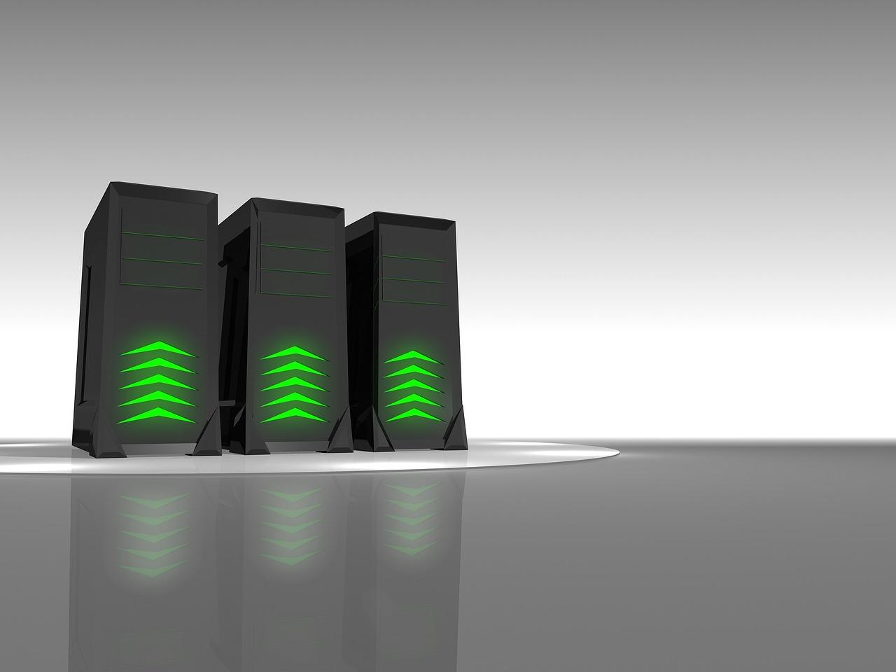 Servidores modernos con iluminación verde, ilustrando la estabilidad y potencia de FreeBSD en entornos de hosting.