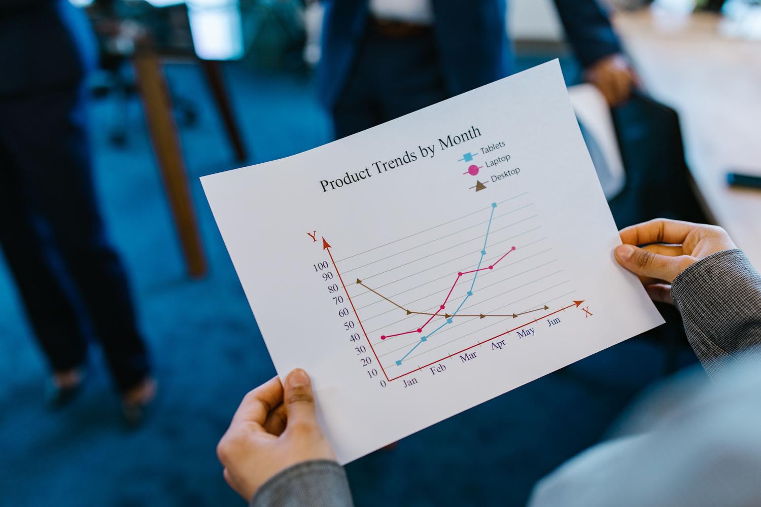 Persona revisando un gráfico de tendencias de productos en una oficina corporativa, representando el análisis de datos y los insights de negocio impulsados por la IA.