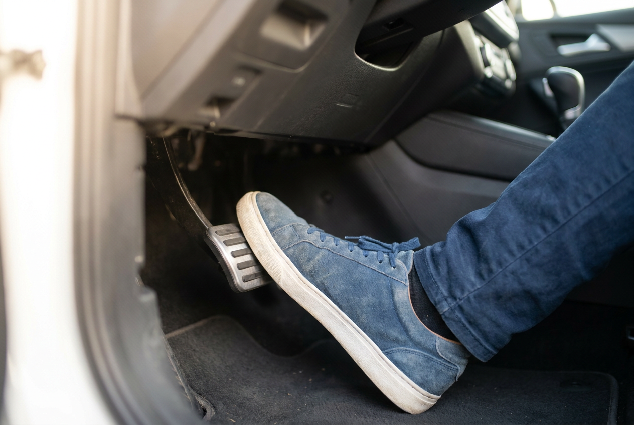 Primer plano realista de un pie pisando el pedal del freno de un coche automático moderno.
