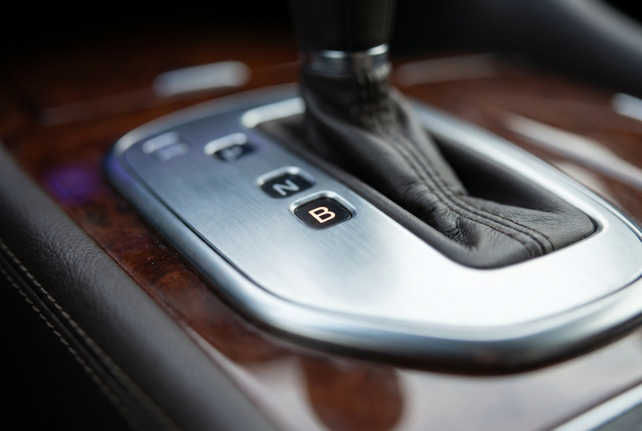 Fotografía macro de la palanca de cambios de un coche enfocada en la posición B (Brake) para frenada regenerativa.