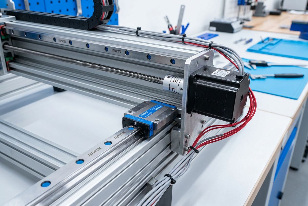 Macro de guías lineales HIWIN y motores Nema 23 en el bastidor de aluminio de una impresora 3D DIY de gran formato.