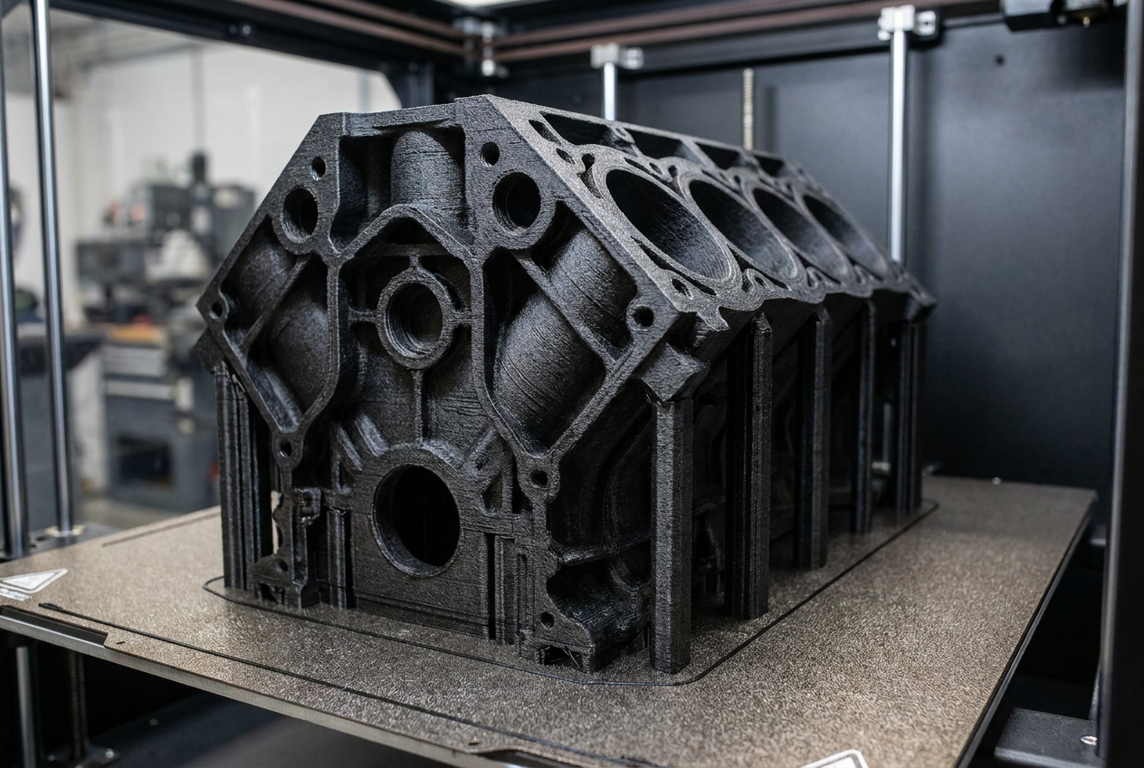 Pieza automotriz compleja impresa en 3D con nailon reforzado con fibra de carbono (PET-CF) sobre una cama de impresión industrial.