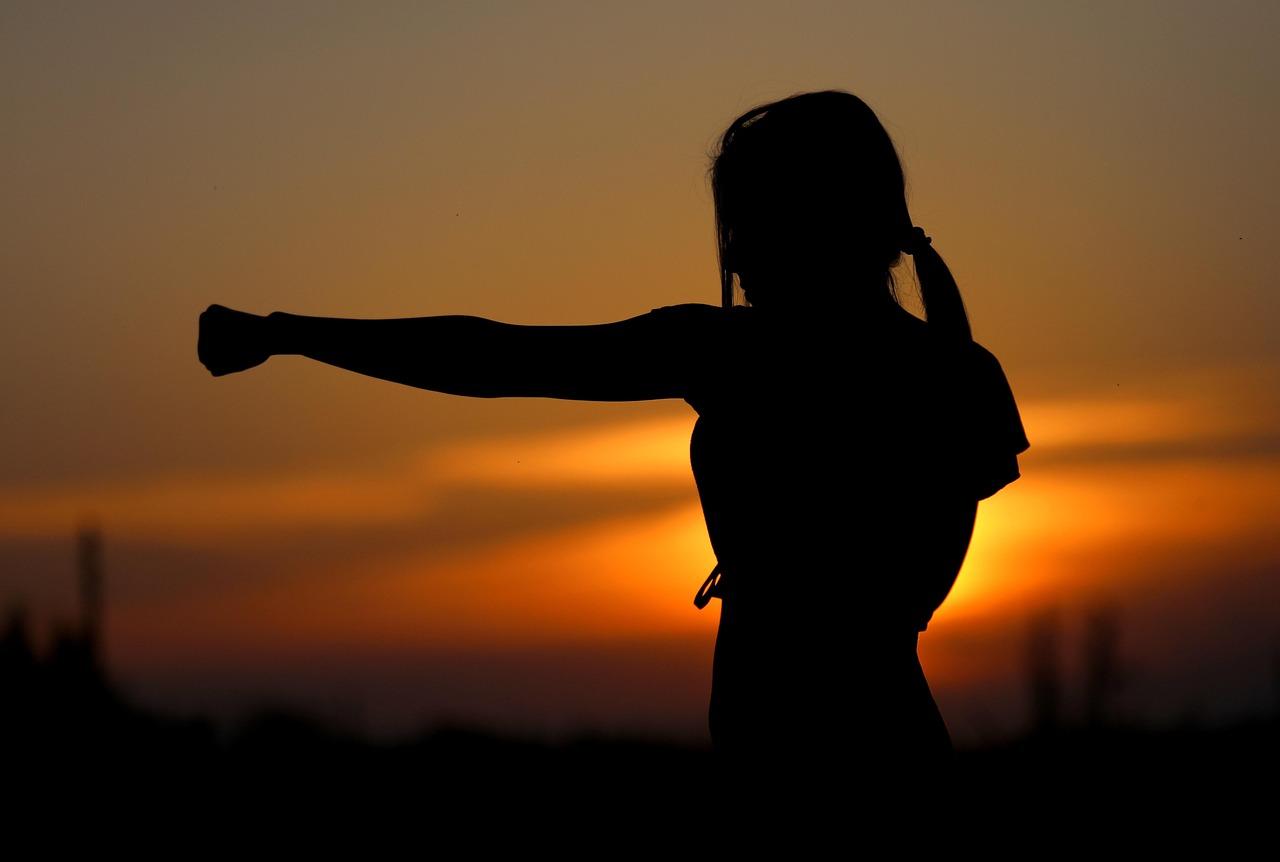 Silueta de una persona practicando artes marciales durante el atardecer, simbolizando la disciplina y el duro entrenamiento necesario para evolucionar a Kubfu.