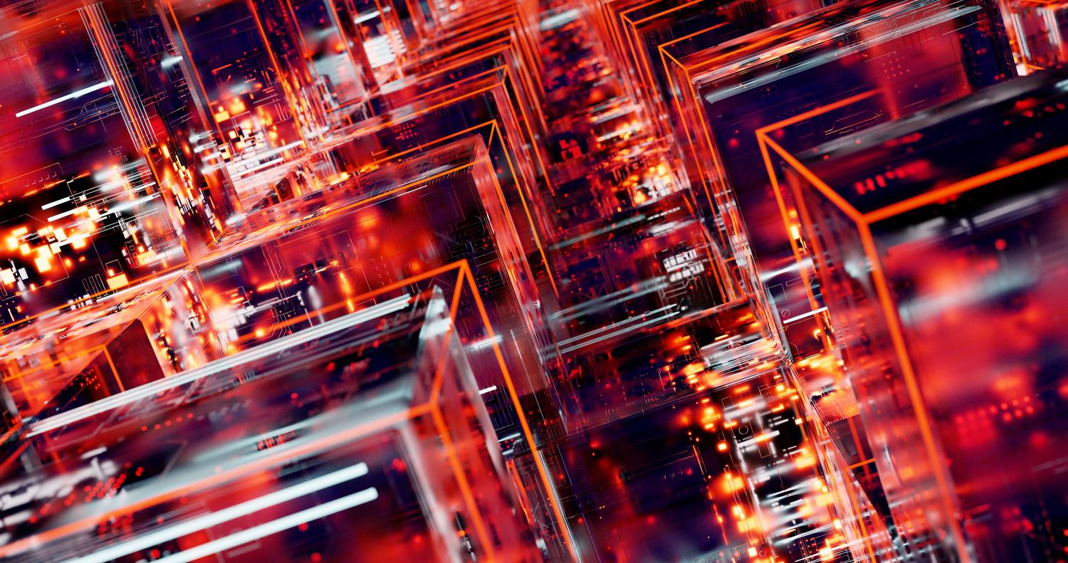 Una estructura abstracta de bloques digitales interconectados con luces LED, simbolizando la tecnología Blockchain y la seguridad de la propiedad digital.