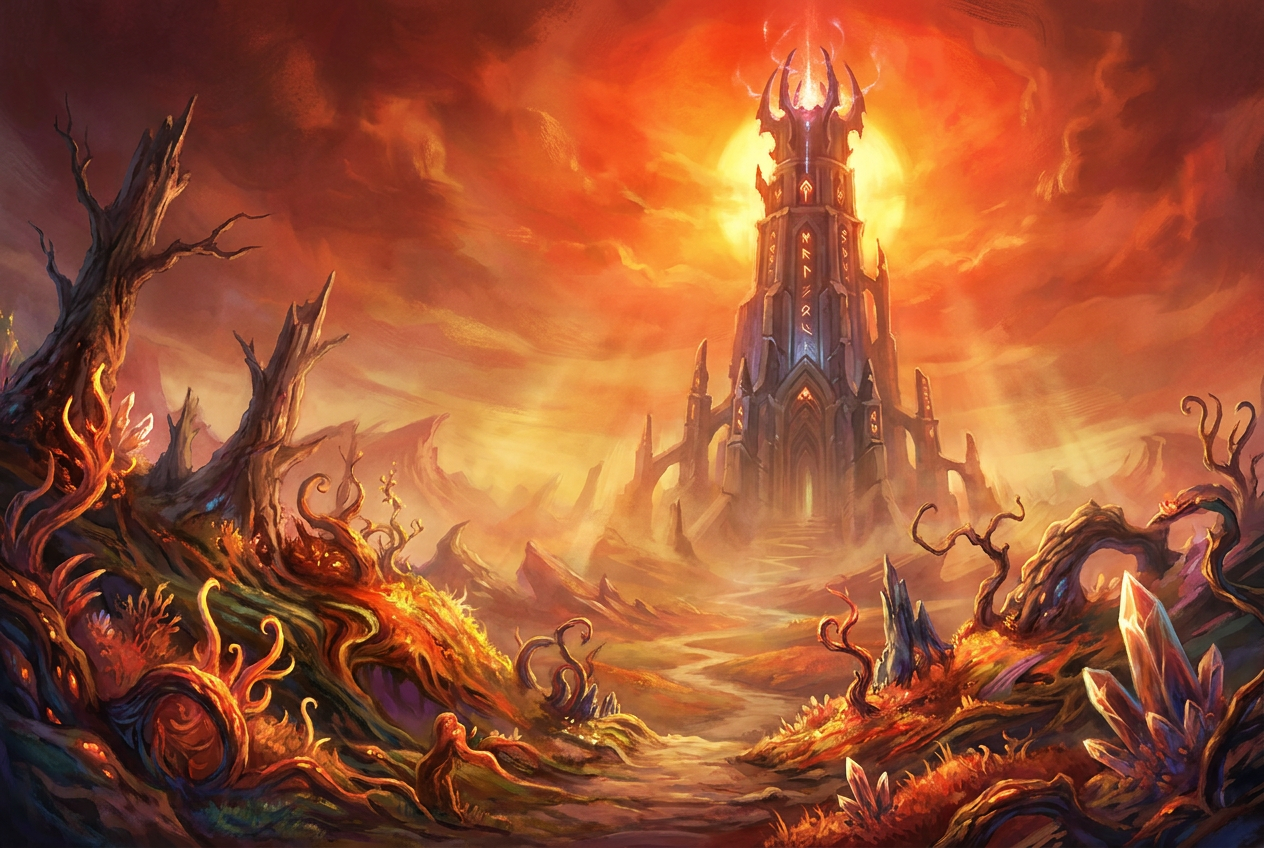 Paisaje místico de Witchspire con una torre mágica bajo un sol opresivo y ondas de calor