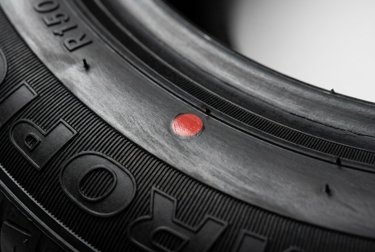 Primer plano detallado de un punto rojo en el flanco de un neumático nuevo de coche, indicando la zona de máxima variación de fuerza radial. Primer plano detallado de un punto rojo en el flanco de un neumático nuevo de coche, indicando la zona de máxima variación de fuerza radial.