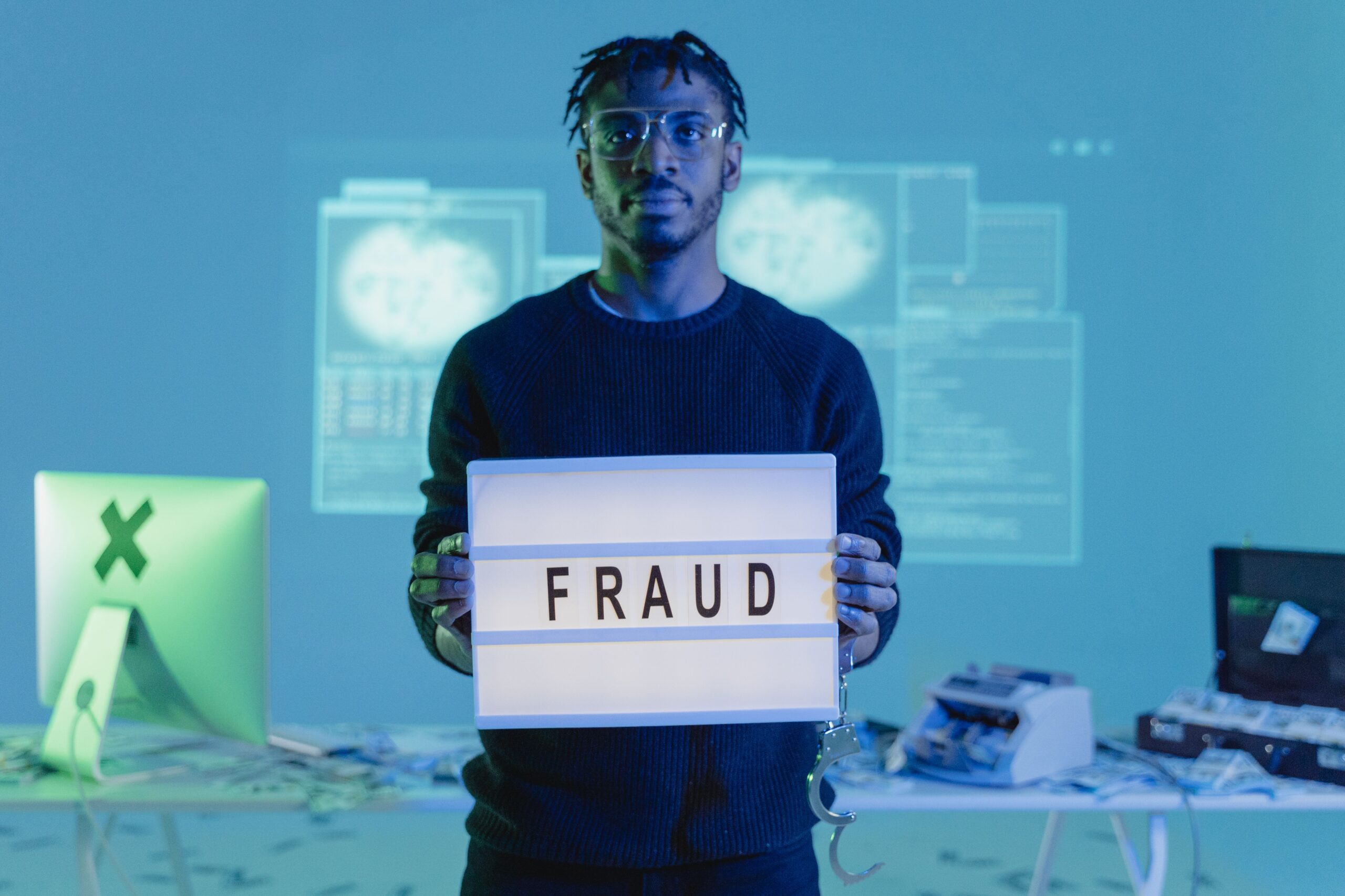 Hombre sosteniendo un cartel con la palabra FRAUD en un entorno tecnológico que simula la guarida de un hacker.