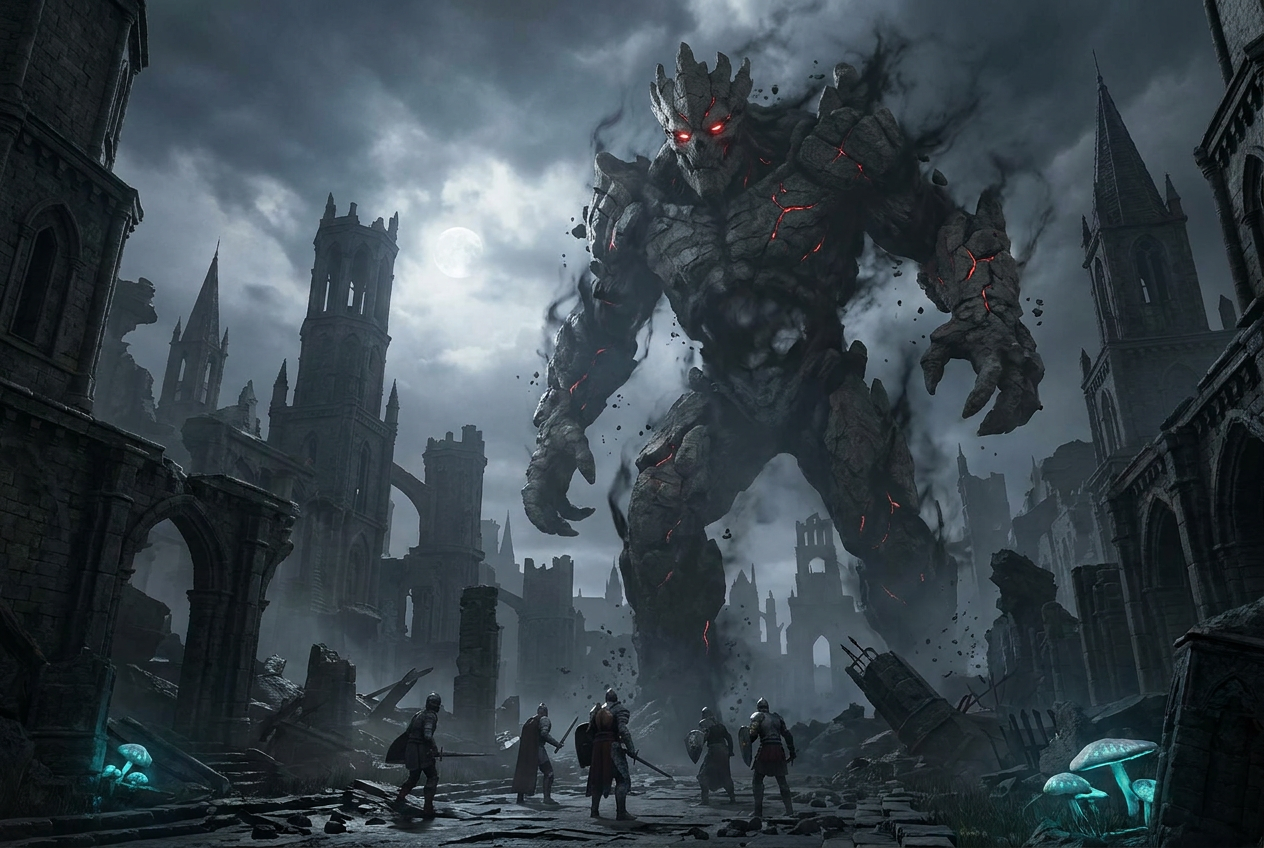 Representación épica de un monstruo colosal enfrentándose a guerreros en una ciudad en ruinas, inspirada en el universo de Nodus Fall