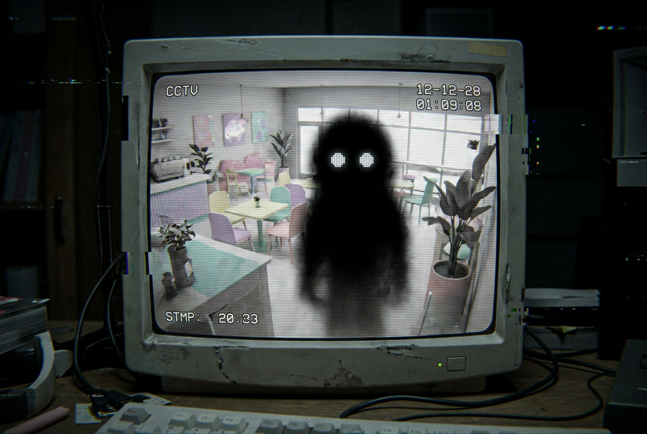 Imagen de cámara de seguridad mostrando un espíritu oscuro acechando en la cafetería de Anomaly Cafe.