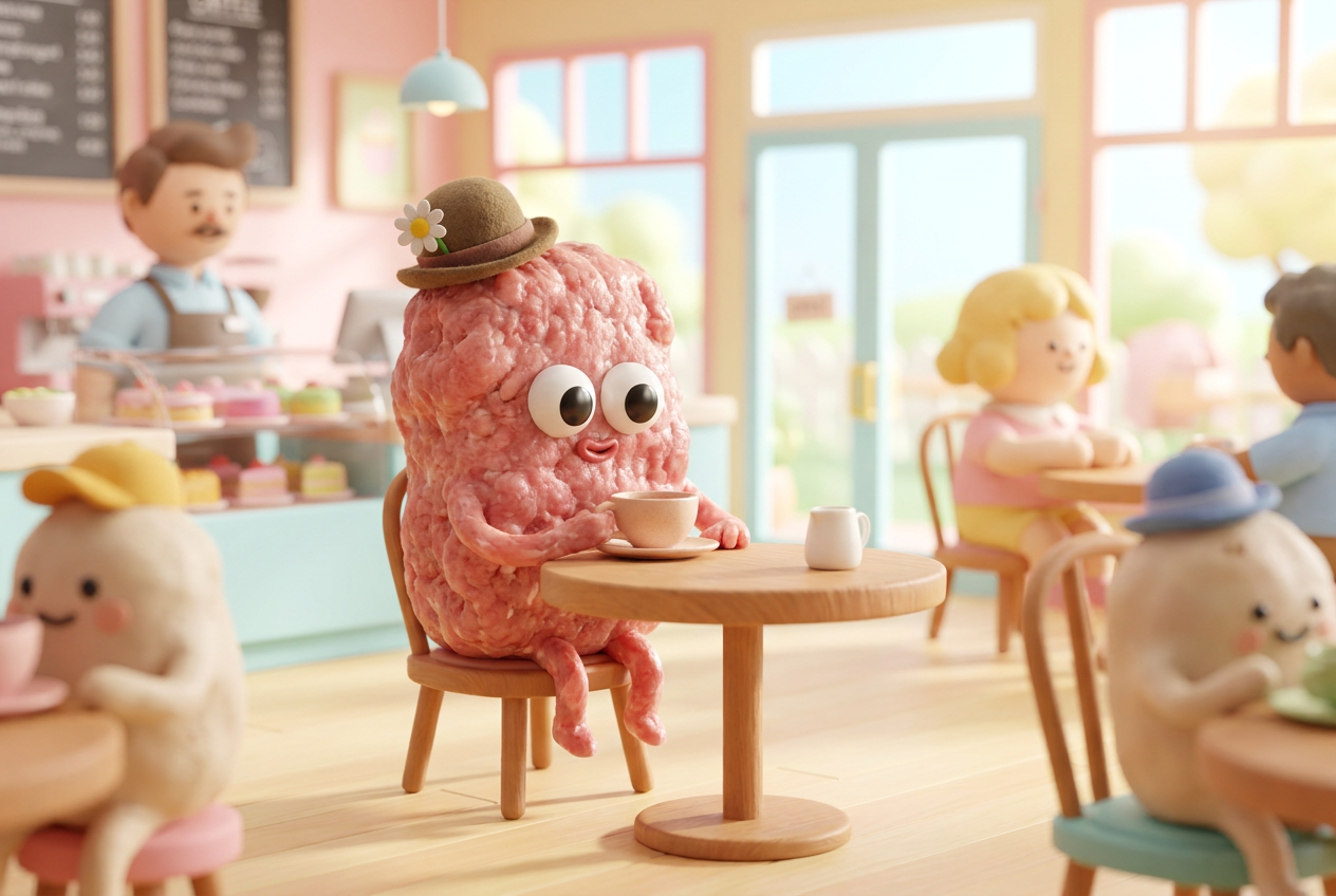 Anomalía de cliente en Anomaly Cafe representado como una masa de carne grotesca con un sombrero pequeño.