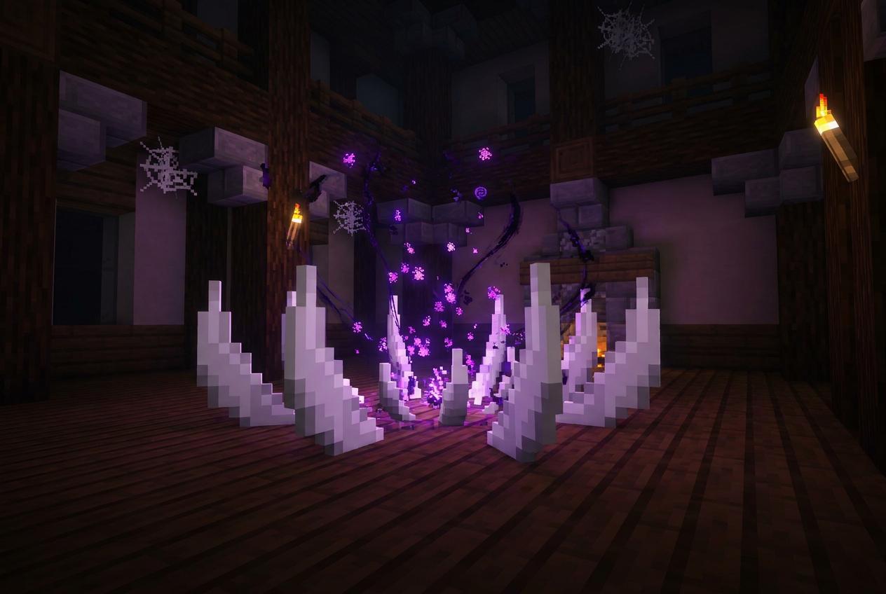 Colmillos de evocación surgiendo del suelo en el interior de una mansión de Minecraft