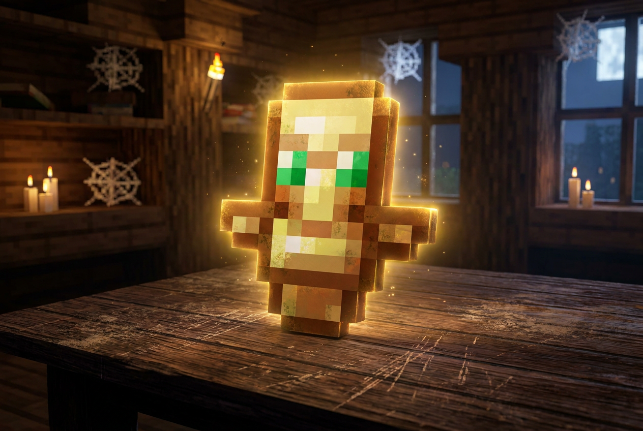 Tótem de Inmortalidad de Minecraft sobre una mesa de roble oscuro con brillo mágico
