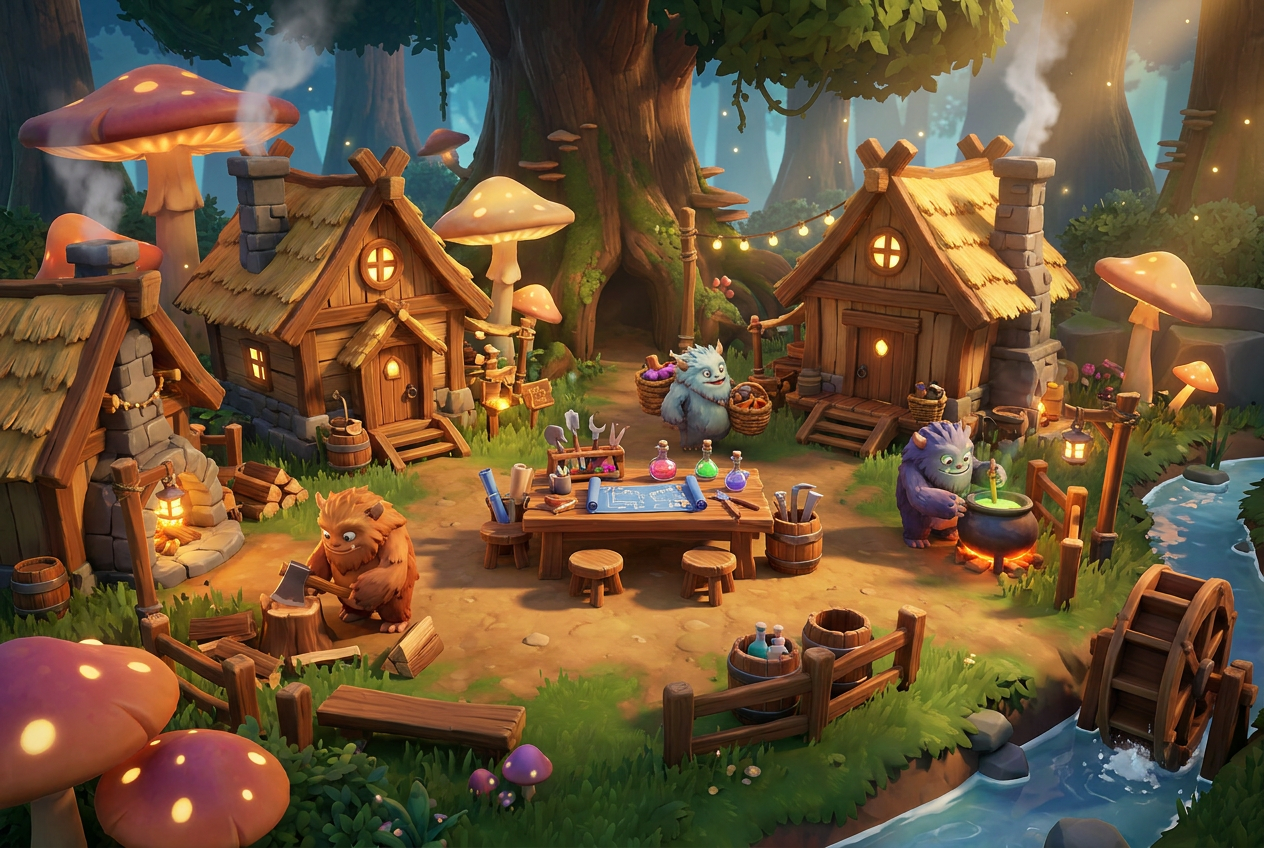 Base de supervivencia de fantasía en un bosque con pequeñas chozas de madera y criaturas ayudando en las tareas, ilustrando la construcción de bases en Palworld.