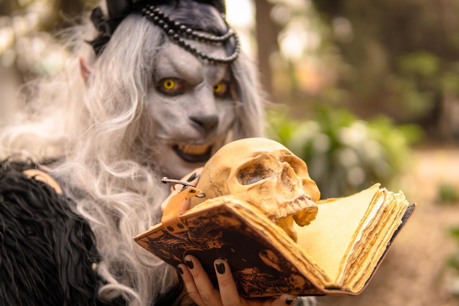 Personaje místico sosteniendo una calavera y un libro de hechizos, perfecto para representar las builds de minions o nigromancia.