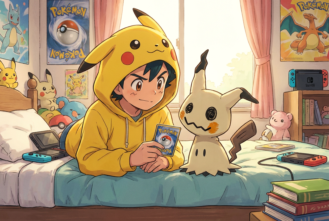 Un joven entrenador Pokémon y Mimikyu observan con determinación una carta coleccionable en su habitación.