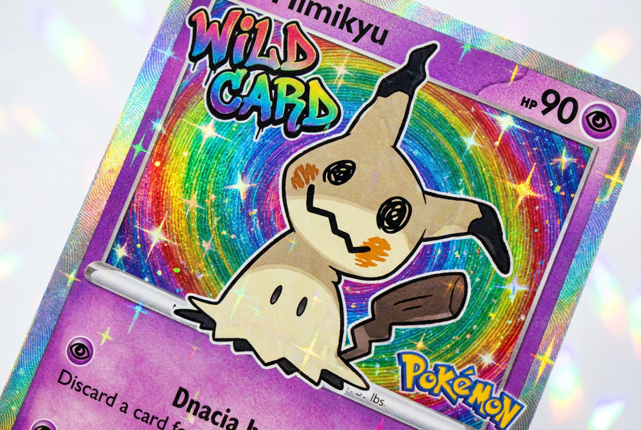 Primer plano detallado de una carta holográfica de Pokémon con Mimikyu y el texto 'Wild Card'.