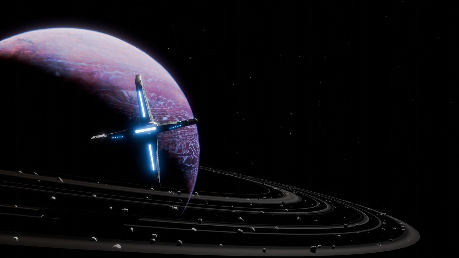 Nave espacial futurista orbitando un planeta anillado, representando la temática de MMORPG espacial de Stellar Odyssey.