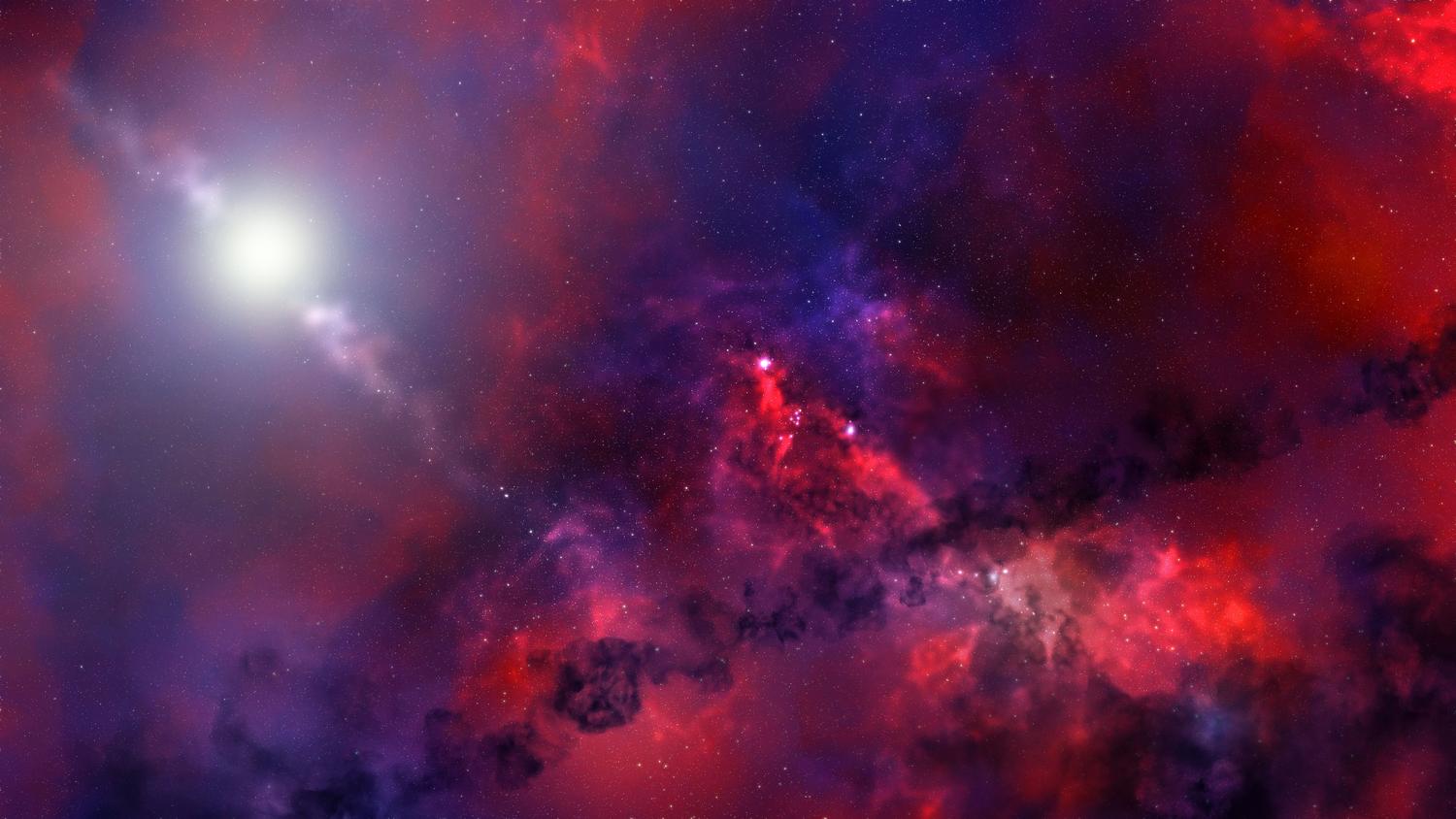 Nebulosa cósmica vibrante en el espacio profundo con estrellas, ilustrando el vasto universo procedural del juego.