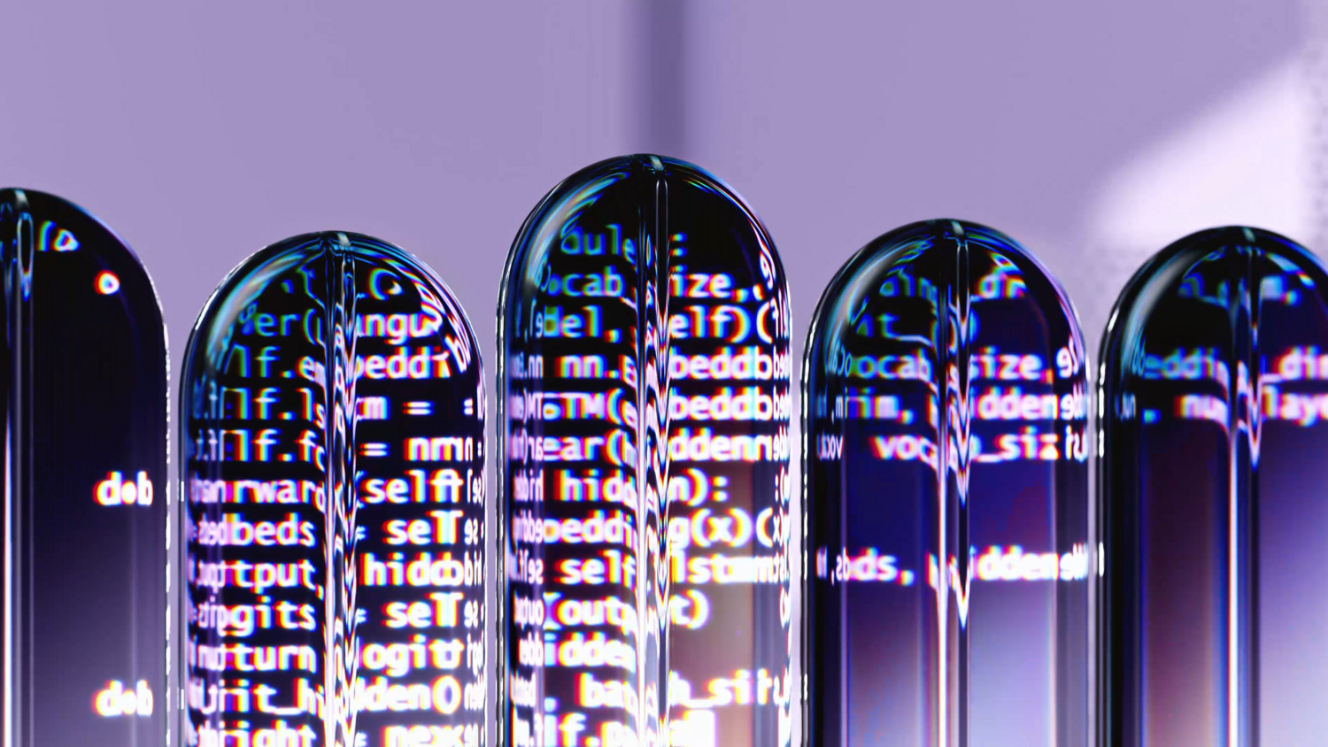 Arte digital abstracto que muestra fragmentos de código procesados por un modelo de lenguaje, representando la tecnología de Copilot.