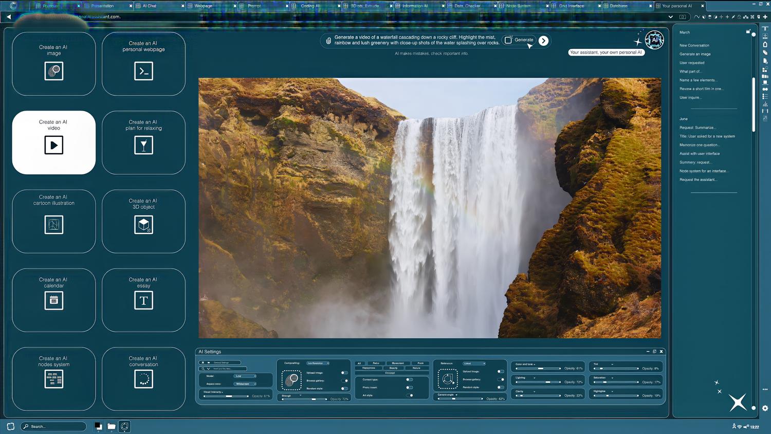 Panel de control de una herramienta de IA generativa creando un vídeo de una cascada, resaltando la capacidad de transformar conceptos estáticos en contenido dinámico.