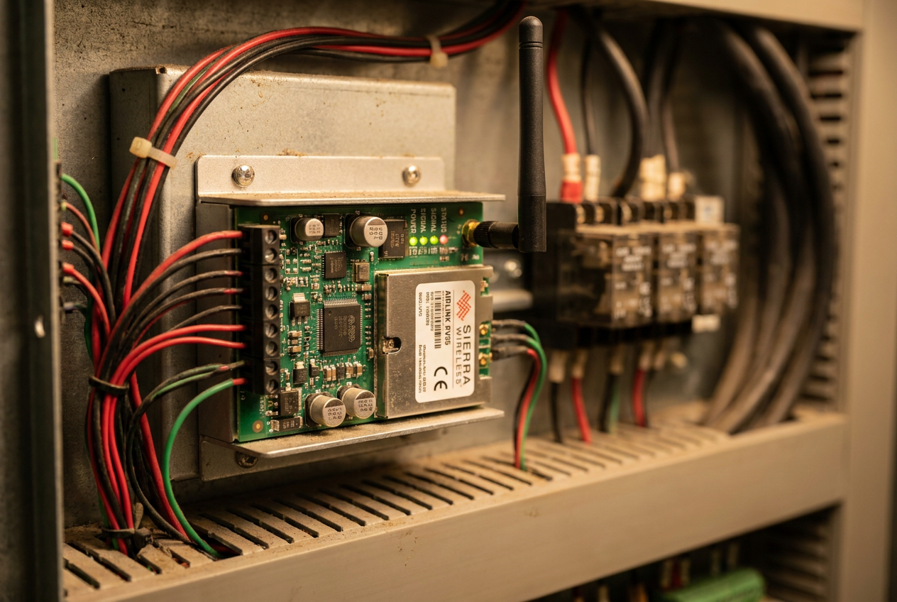 Primer plano de un módulo de comunicaciones industrial instalado en el panel de control de un ascensor, destacando el hardware crítico a actualizar.
