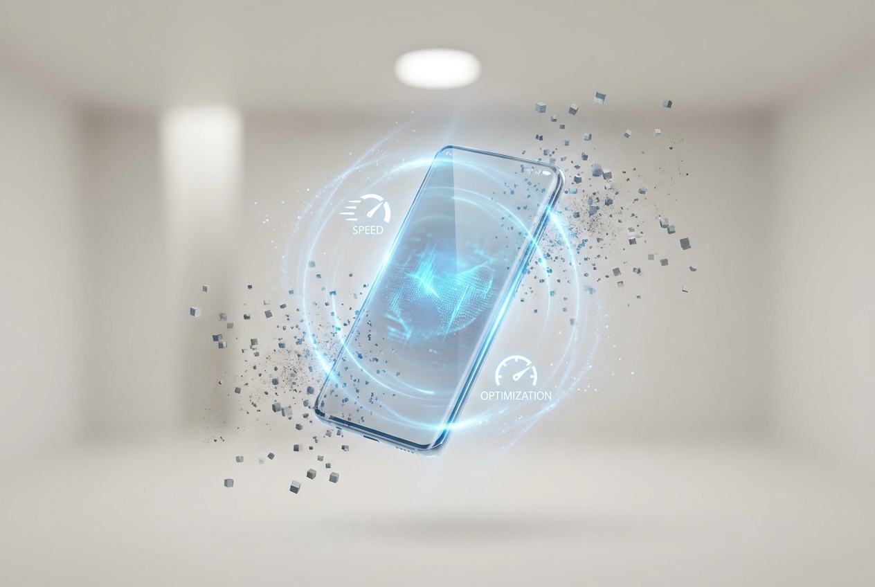 Representación conceptual de la optimización de un smartphone y limpieza de memoria caché.