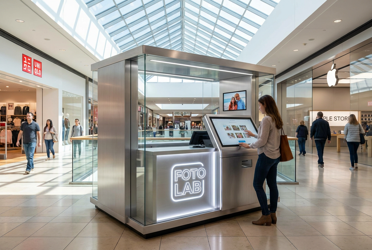 Quiosco de autoservicio para impresión de fotografías en un centro comercial, mostrando la alternativa física externa.