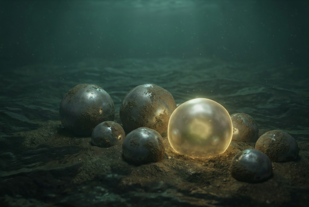 Colección de perlas sucias cubiertas de limo en el lecho marino