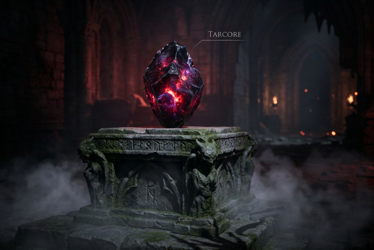 Un cristal de obsidiana oscura y brillante sobre un pedestal de piedra gótica, representando el recurso Tarcore de Mortal Shell 2.