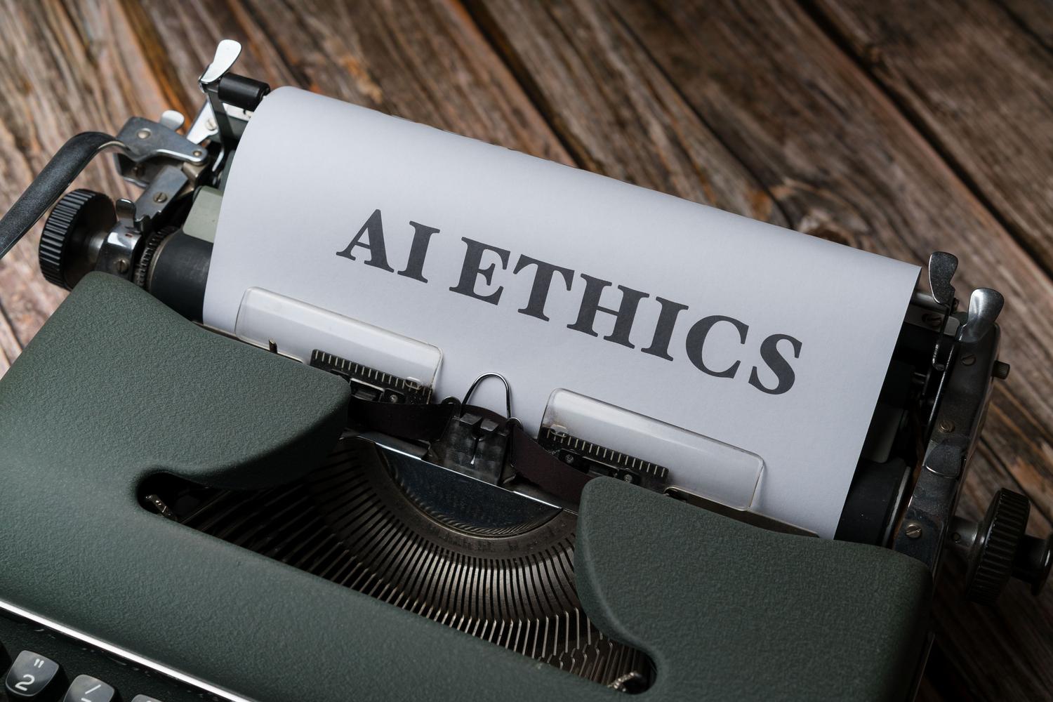 Máquina de escribir antigua con el texto 'AI ETHICS' en el papel, simbolizando la gobernanza, la ética y el marco legal de la inteligencia artificial.