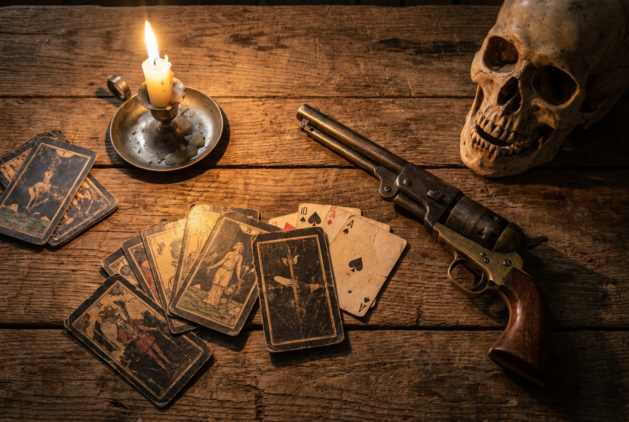 Primer plano de una mesa de madera rústica con cartas de tarot, cartas de póker, un revólver antiguo y una calavera humana bajo la luz de una vela.