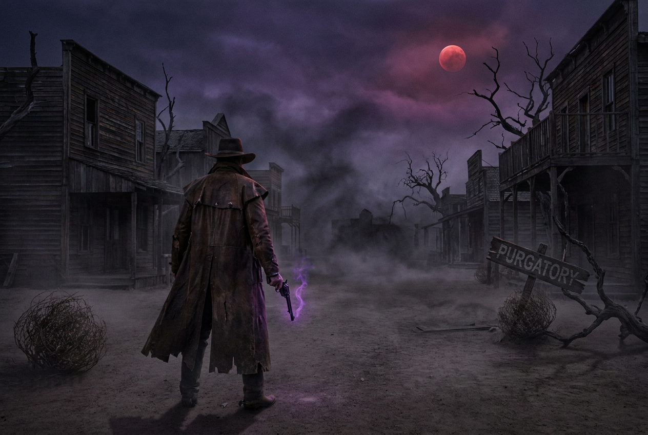 Un pistolero solitario en un pueblo fantasma maldito con una atmósfera asfixiante y niebla oscura, sosteniendo un revólver con un brillo mágico púrpura bajo una luna roja.