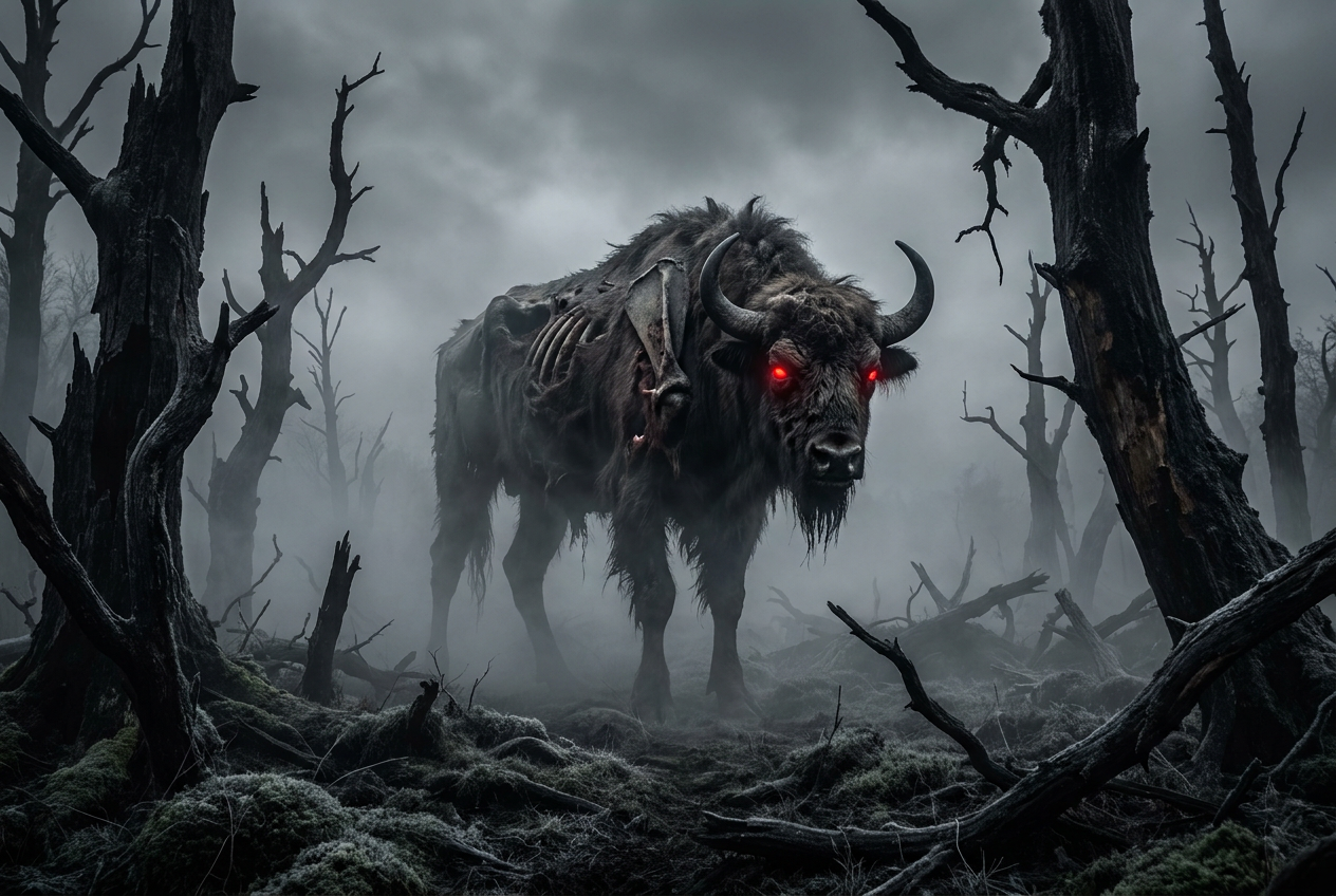 El Buffalich, una criatura sobrenatural con forma de búfalo esquelético y ojos rojos brillantes, en un bosque corrupto y brumoso.