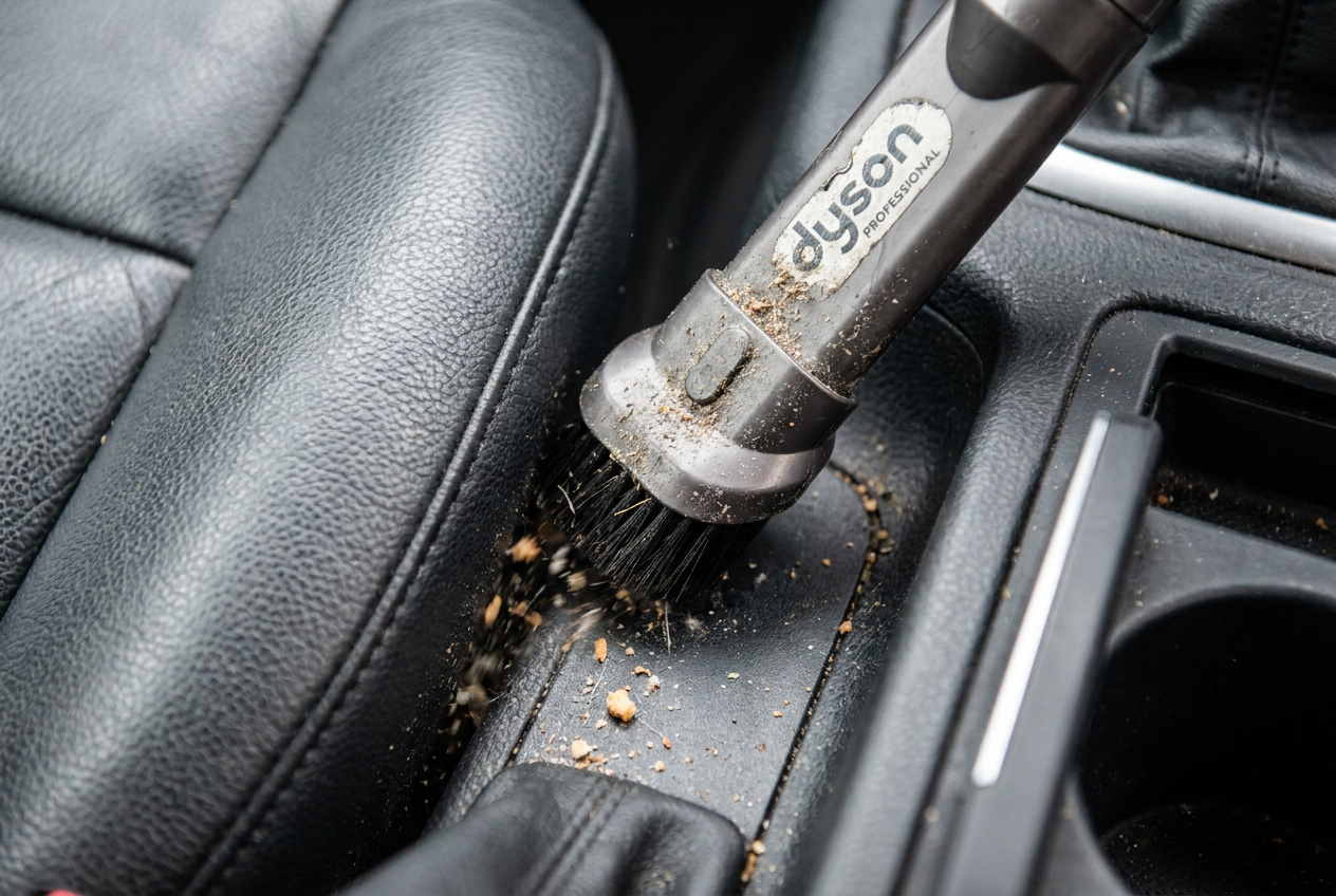 Aspirado profundo de los huecos entre el asiento y la consola central de un vehículo para eliminar suciedad incrustada.