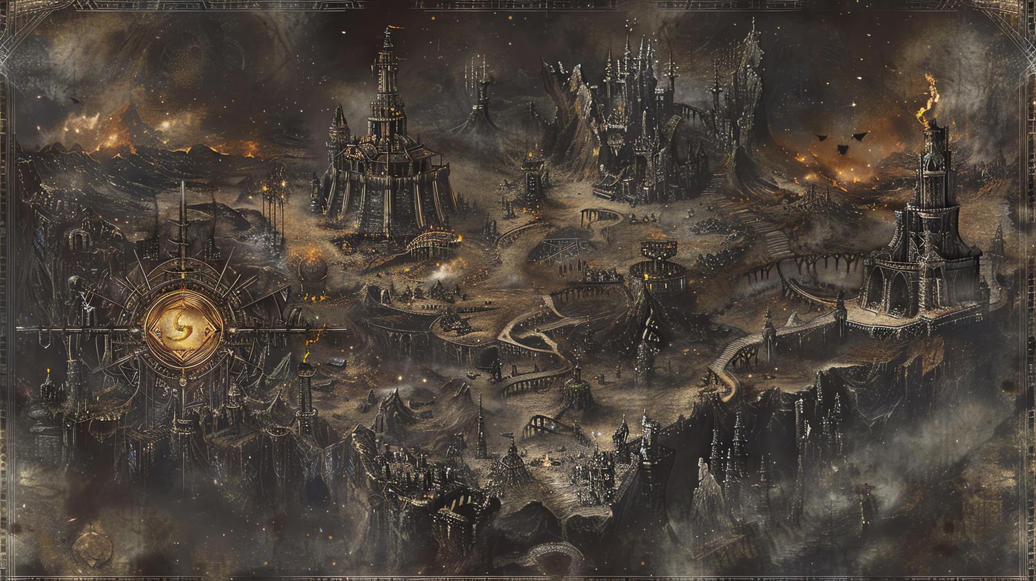 Paisaje desolador de un mundo de fantasía oscura con un castillo en ruinas bajo un cielo cargado de ceniza y humo.