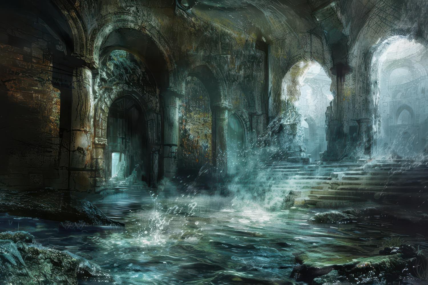 Ruinas de un antiguo templo inundadas de agua y vegetación, representando las mazmorras y recovecos secretos de Mortal Shell 2.